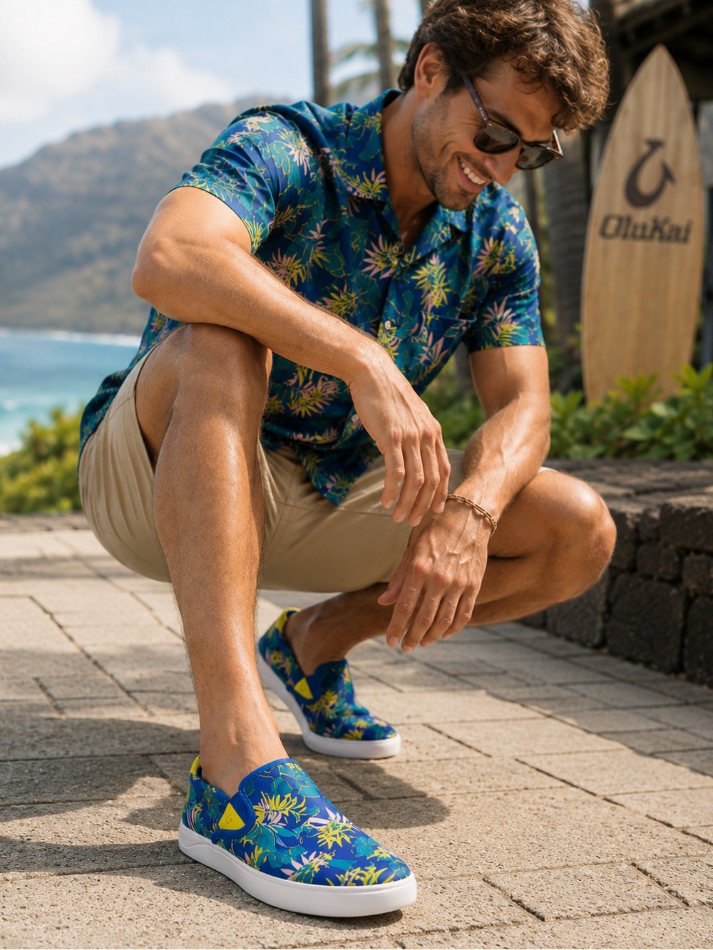 OluKai Lae’Ahi Pa’i Men’s 11.5 Sunset Blue Aloha Tropical Slip On Shoes NEW